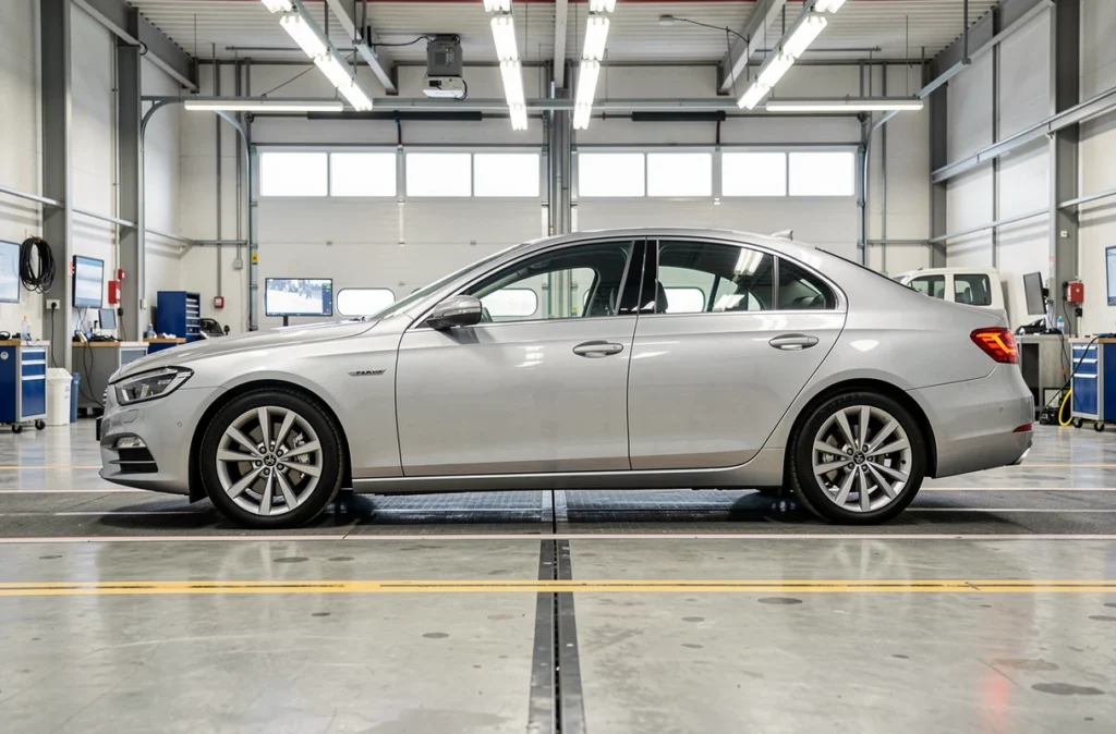 Voiture sur une ligne d'inspection lors d'un contrôle technique
